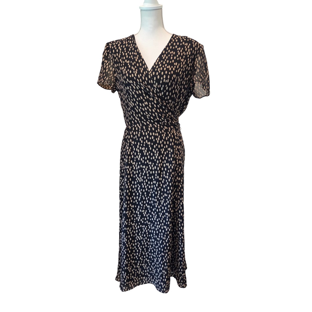 Talbots Vintage Midi Dress Silk Polka Dot Faux Wrap Navy Tan Classic 
Size 12